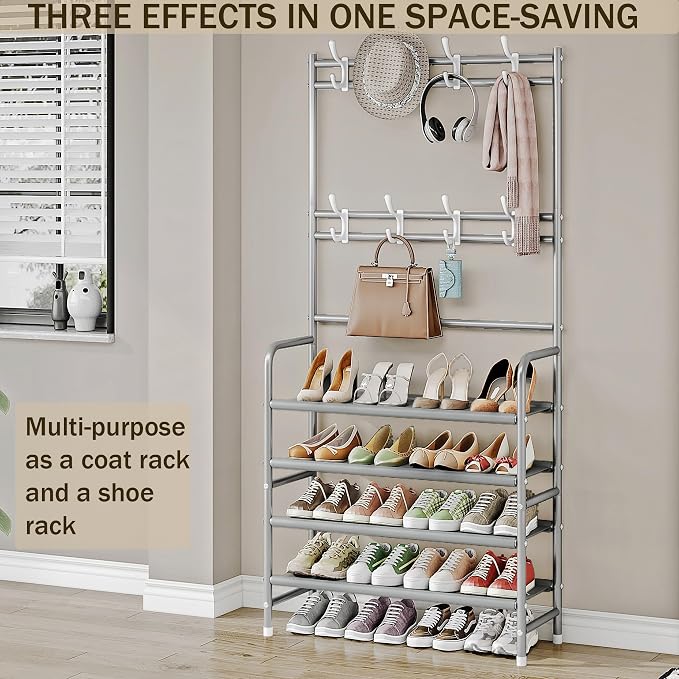 Coat Rack Shoe Rack With Storage Shelf Freestanding with 8 Hooks for Entryway Bedroom Closet 4 Tier, Grey