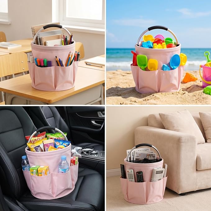 Pink Cleaning Caddy with Handle & Drawstring Top, 17L Foldable | Waterproof 600D Oxford Utility Caddy with 6 Pockets, Collapsible Cleaning Basket for Home, Garden, Dorm, Shower, Bathroom