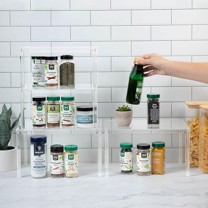 Clear Acrylic Shelf Organizer Set of 4 - Stackable Cabinet & Countertop risers for Kitchen, Pantry, Bathroom & Vanity Storage - Minimal, Space-Saving Design