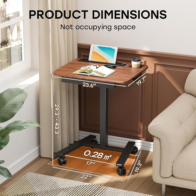 Small Mobile Standing Desk with Drawer, 23.6" x 19.7" Top | Height Adjustable Portable Laptop Desk with Wheels & Cup Holder, Sit Stand Computer Workstation for Compact Space, Dark Wood