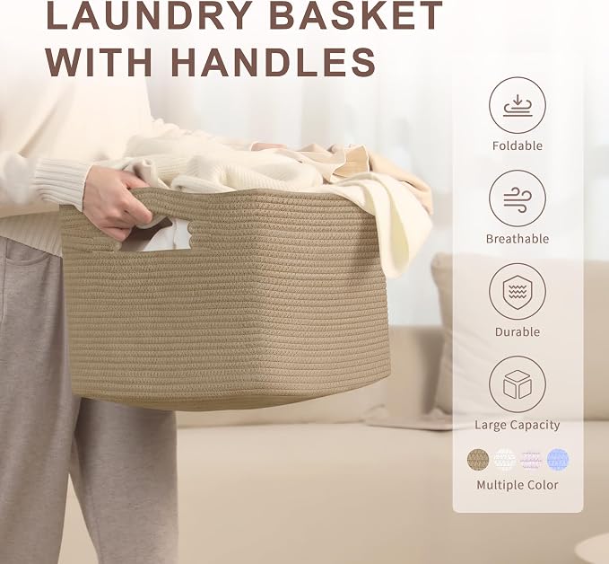 45L Small Woven Laundry Basket Hamper with Handles, Jute | 18"x14"x11", collapsible wicker hamper, storage for dirty clothes, toys, blankets, gifts, living room, bedroom, bathroom
