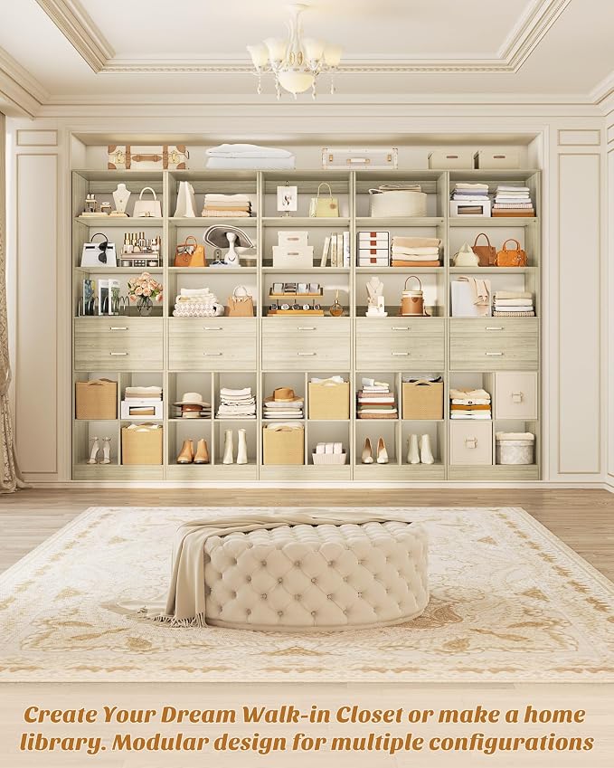 Besiost 18.9" Small Closet System with Drawers, Walk-in Closet Organizer | Small Closet Organizer for Walk in Closet, Bedroom & Nursery, Wardrobe Storage Unit, Greige Oak