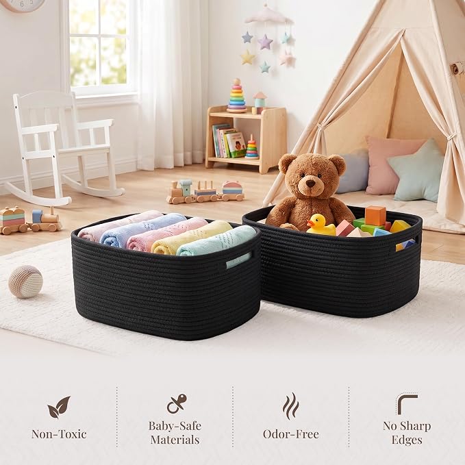 4-Pack Large Woven Rope Storage Baskets, 2 Sizes Organizer Bins | Fabric Cube Boxes and Rectangular Shallow Bins for Closet, Shelf, Bookshelf, Nursery, Changing Table, Bathroom, Toys & Home