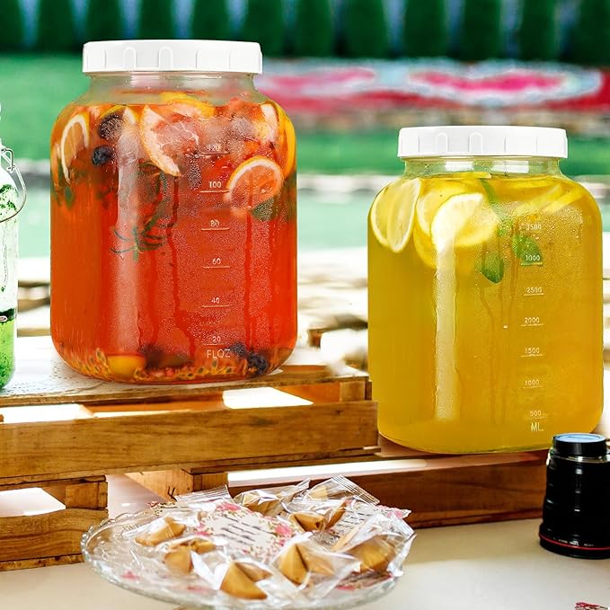 2 Pack Wide Mouth 1 Gallon Clear Glass Jar with Lid, Heavy Duty Airtight Screw Lid with Silicone Gasket - Large Mason Jar with 2 Scale Mark for Fermenting Kombucha and Storing Food(Extra 2 Gaskets)