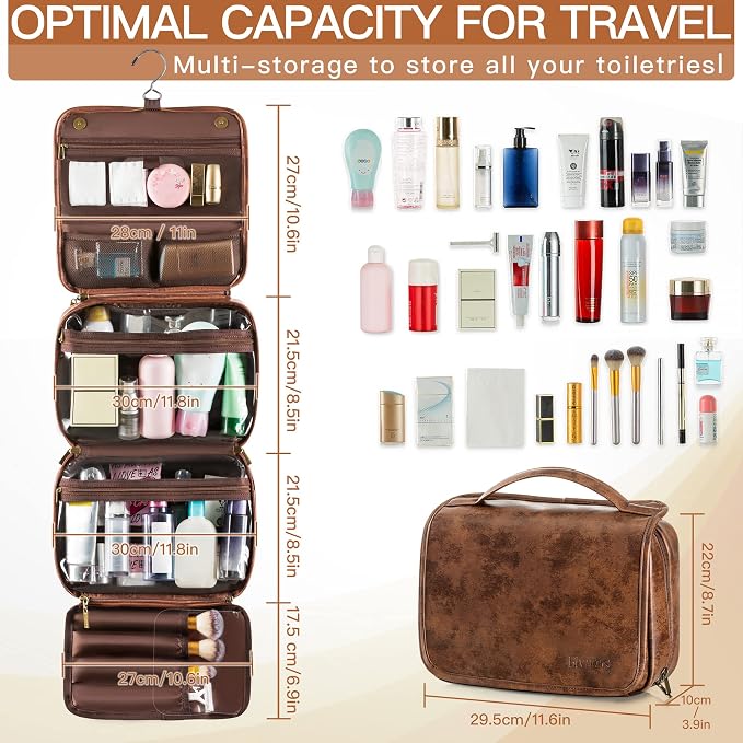 Elviros Hanging Travel Toiletry Bag Gift for Men，Mens Toiletries Bag Gifts Set Shaving Dopp Kit Water-resistant Bathroom Toiletries Organizer PU Leather Cosmetic Bags 2 Pack