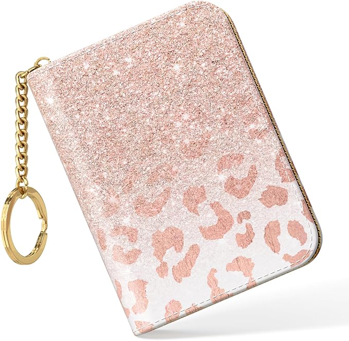 Nipichsha Women's Small RFID Blocking Credit Card Wallet, Pink Gilt Leather, 12 Slots, Zipper Closure