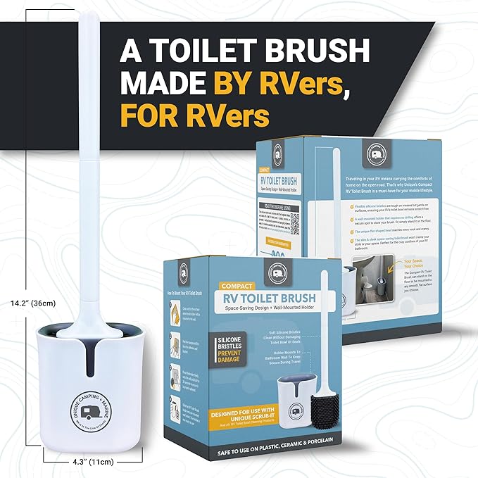 Unique Silicone RV Toilet Brush with Compact Holder | Non-scratch silicone bristles for RV toilet bowl cleaning; wall-mount no-drip holder saves camper bathroom space
