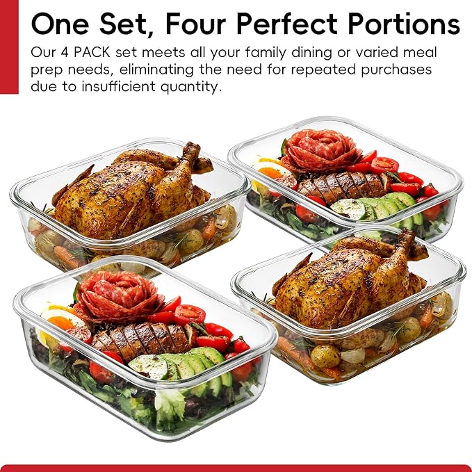 4 Pack 8 Cups/ 63oz Large Glass Storage Containers with Lids, Meal Prep Containers, Glass Food Storage with Airtight Lid for Baking, Leak Proof & Microwave, Oven Safe (4 Containers + 4 Lids)