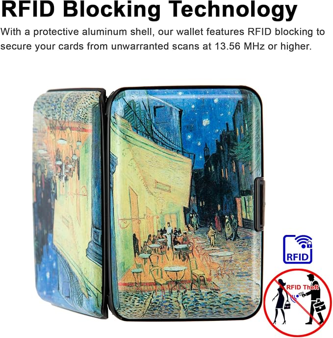 Credit Card Holder Wallet for Women Men RFID Blocking Small Metal Business Aluminum Protector Sleeves Slim Mini Cards Case (Cafe Terrace at Night by Vincent Van Gogh)