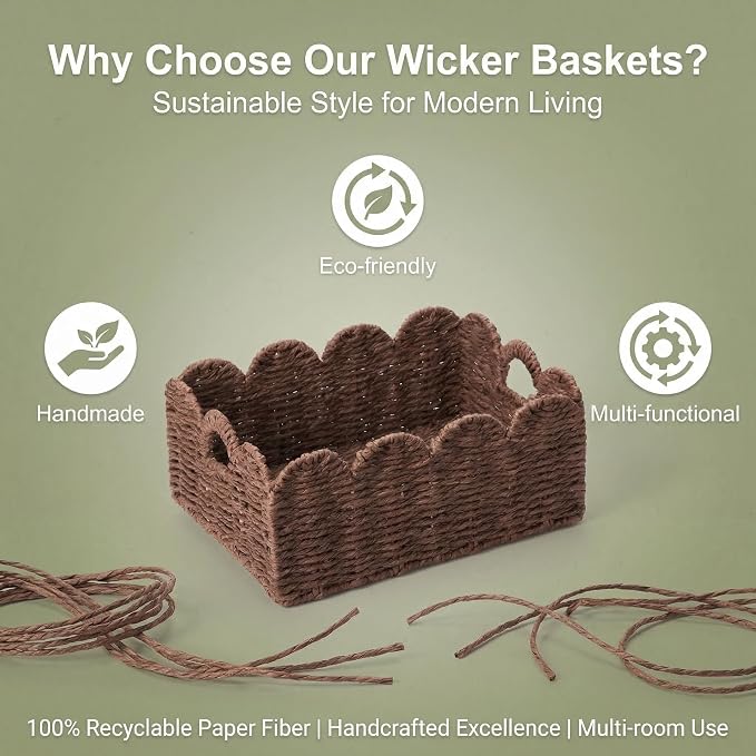 Scalloped Wicker Baskets, Set of 3 Hand-Woven Storage Baskets with Handles - Paper Rope Shelf Organizers & Decorative Baskets for Shelves, Closet, Bathroom (Brown）