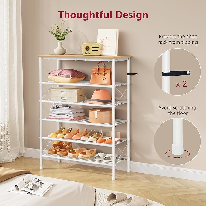 Tajsoon 6 Tier Shoe Rack Organizer for 20-24 Pairs of Shoes, Metal Mesh Shoe Shelf for Closet, Industrial Shoe Rack for Entryway Shoe Storage with X Shape Fixed Frame, White Log
