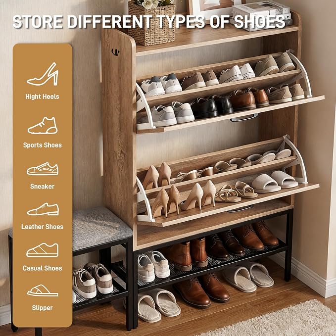 Karl home Grey Farmhouse Shoe Cabinet, Cushioned Entryway Bench Organizer | Space-Saving Freestanding Shoe Rack Organizer, Versatile Storage Furniture Suitable for Entryway and Living Room