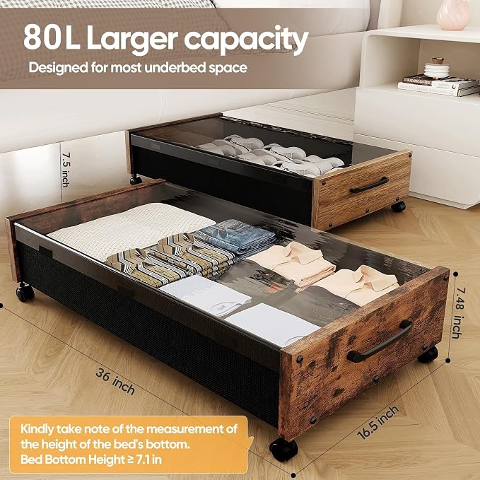 Under Bed Storage with Wheels, 2 Packs Wooden Storage Containers Extra Large Underbed Shoes Organizer, Rolling Under Bed Storage Drawers with Clear Lid, Heavy Duty for Clothes Toys 36"L (Black)