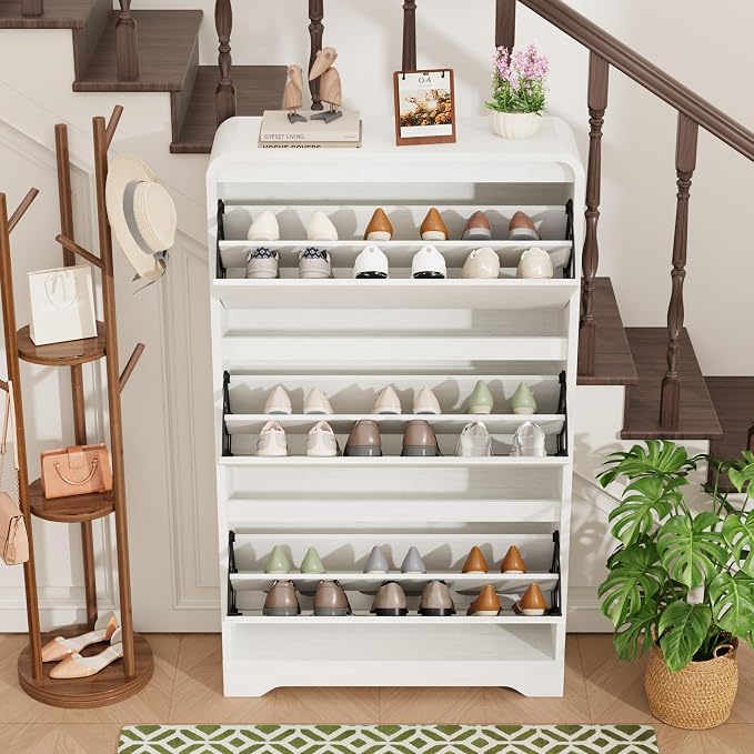 Garvee Hidden Shoe Cabinet, White | 3 Flip Drawers, Freestanding, For Entryway, Hallway, Foyer, Modern Design, Small Space