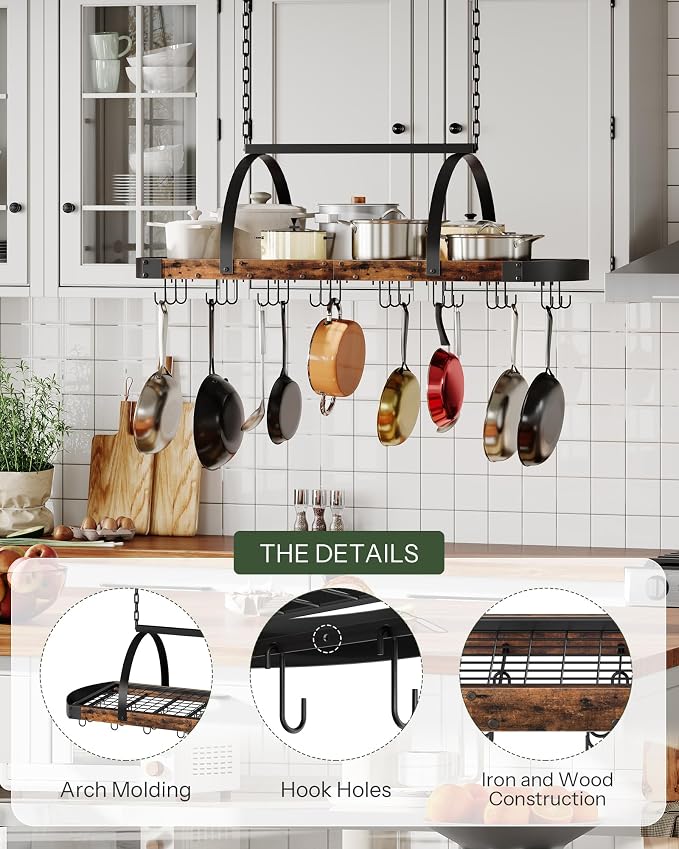 CHOEZON Hanging Pot Rack, Pot Hanger for Kitchen, Ceiling Mounted Pot Holder, Cookware Organizer with 24 S-Shaped Hooks, for Pot, Pan Storage, Space-Saving, Rustic Brown and Black TPR28BF