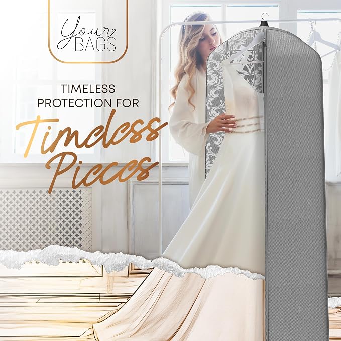 Your Bags Wedding Dress Garment Bag – 72" Garment Bags for Hanging Clothes with 20" Gusset for Puffy Gowns – Durable Cover for Travel or Storage – Rip-Resistant with ID Window - Grey/White Damask