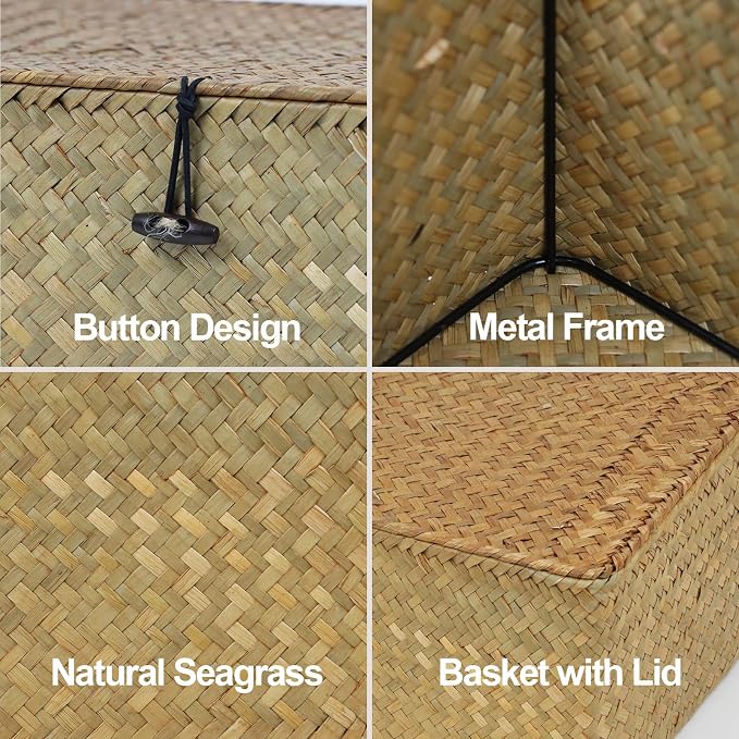 Wicker Basket with Lid, Natural Seagrass Storage Baskets for Organizing, Woven Basket for Storage, Decorative Boxes Bins with Lids Home Organizer Decor (‎Natural, Small)