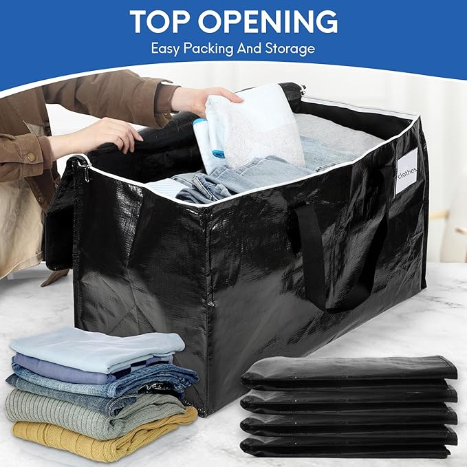 6-Pack Extra-Large Heavy-Duty Moving Bags with Reinforced Handles, Durable Zippers & Waterproof Material — Perfect for Space-Saving, Storage, Shipping and Travel (Black)