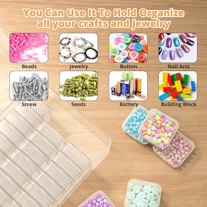Mathtoxyz Bead Organizer Box, 90Pcs Small Bead Organizers and Storage Plastic Cases Mini Clear Bead Storage Containers Boxes with Hinged Lid and Rectangle for Bracelet Making DIY Jewelry Craft Nail