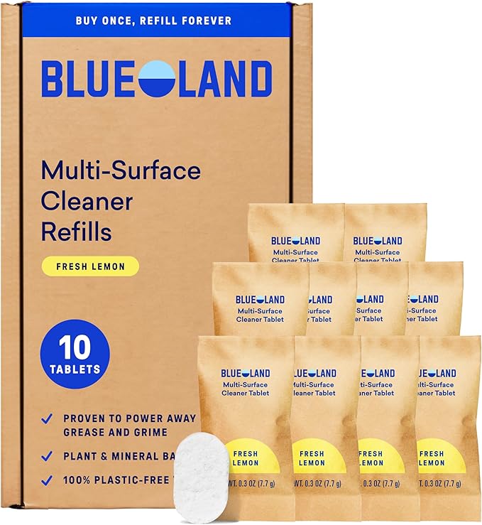 BLUELAND Multi-surface Spray Cleaner, 10-Pack Refill, Eucalyptus Mint | 100% Plastic-Free Tablet, EPA Safer Choice Certified, Free from Ammonia, PFAS & Microplastics, Safe on Glass, Stone, Wood