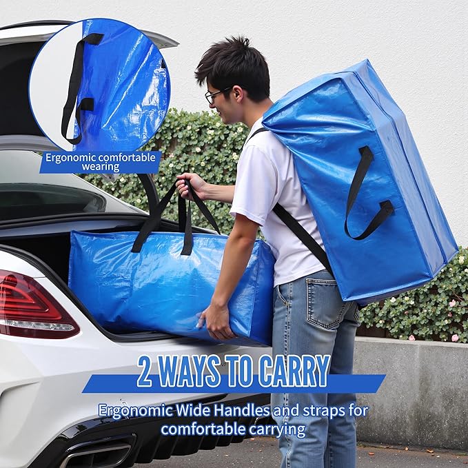 BAGAIL Heavy Duty Moving Bags with Strong Handle, Extra Large Moving Boxes, Storage Tote for Clothes, College Moving Supplies(Blue, Backpack, 4 Pack)