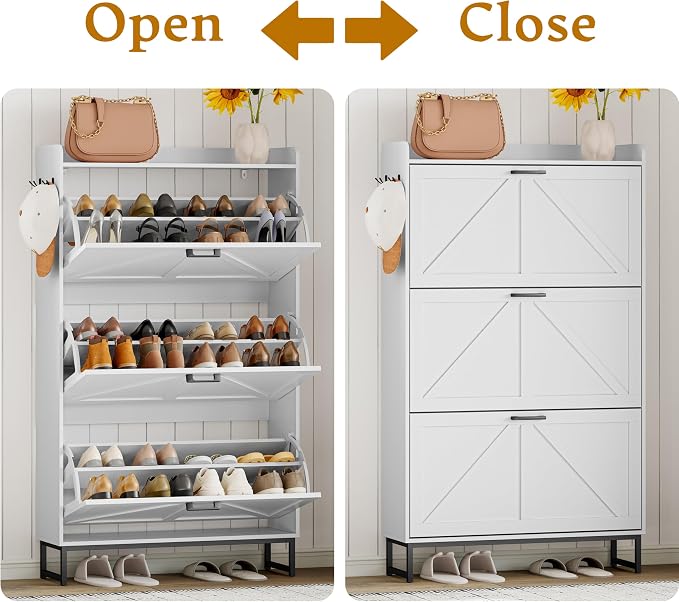 Wodeer Shoe Cabinet Storage for Entryway, Shoe Storage Cabinet with 3 Flip Drawers, Freestanding Narrow Shoe Rack Organizer with Metal Legs & Side Hook for Foyer, Hallway, White
