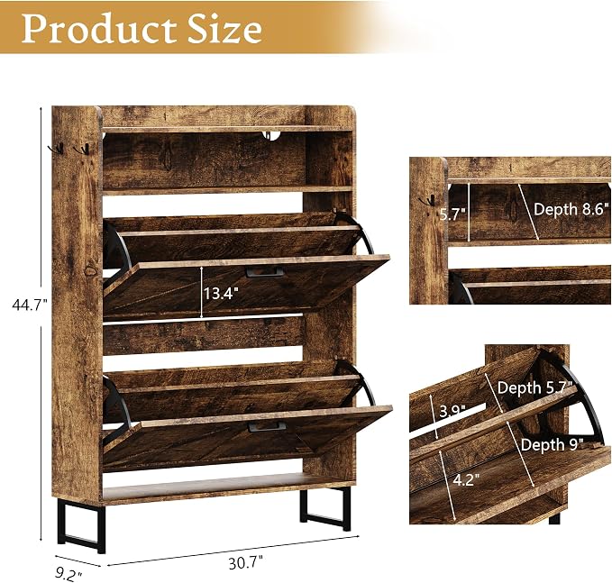 Wodeer Shoe Storage Cabinet with 2 Flip Drawers, Narrow Wood Shoe Cabinet Storage for Entryway with Metal Legs & Hooks, Adjustable Shelves, Freestanding Shoe Rack Organizer for Foyer, Hallway, Brown