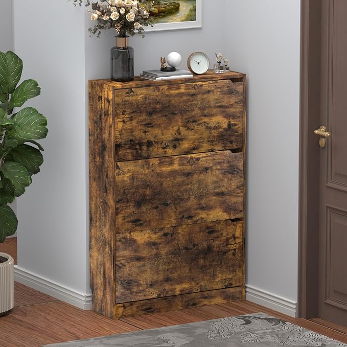 Wodeer Narrow Shoe Cabinet for Entryway, Slim Shoe Storage Cabinet with 3 Flip Drawers, Hidden Wood Shoe Cabinet Storage, Freestanding Shoe Rack Organizer Foyer, Hallway, Brown