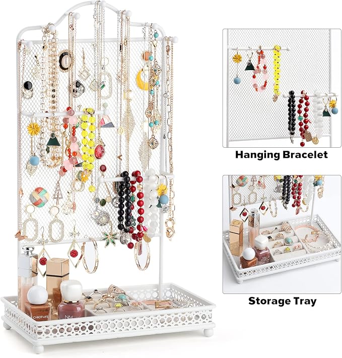 Meangood Jewelry Organizer Stand, Earring Holder Rack for Hanging Earrings Necklace Bracelets Watches Jewelry Display Large Rings Storage as Women Gift (White)