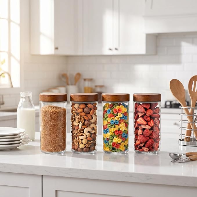 Danmu 24 oz Glass Jars with Lids 4 Pack,Acacia Wood Lid | Airtight Canister for Coffee Bean Storage,Pantry,Home Organization,Leakproof,Dishwasher Safe(remove lids),Fridge Safe