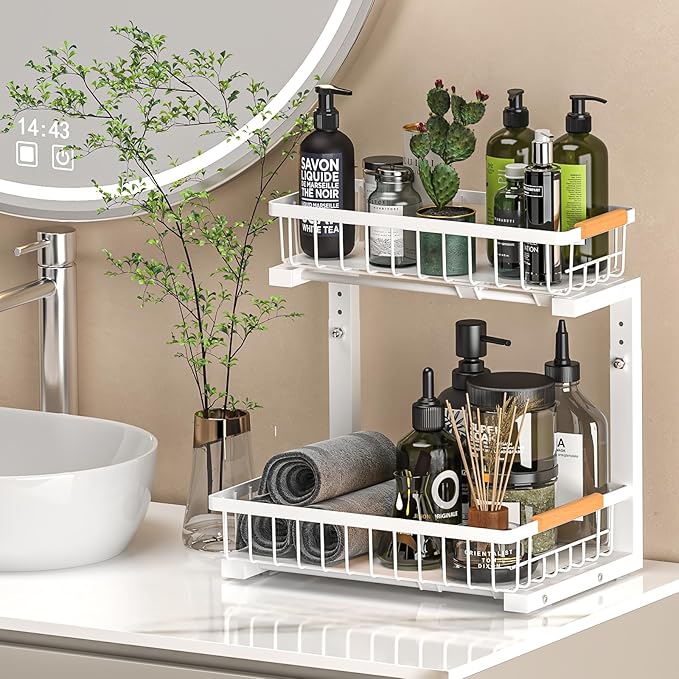 Liuoud Under Sink Organizer Storage 1 pack, 2 Tier Slide Out Height Adjustable Pull Out Cabinet Organizer Drawers, Kitchen Bathroom Large Capacity Metal Under Sink Rack Caddy Basket Shelves, White