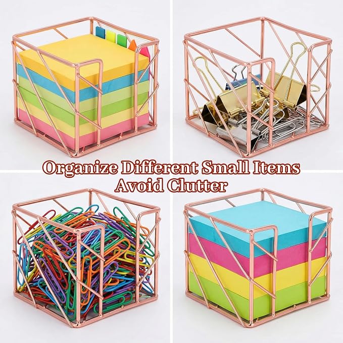 Sticky Note Holder 3.8x3.8 Inches, Rose Gold Desk Accessories | Functional Stylish Metal Notepads Memo Sticky Note Dispenser, Mesh Cube Rose Gold Desk Organizer for Home School Office