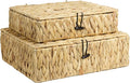 Wicker Basket with Lid, Set of 2 Decorative Storage Baskets Bins Boxes, Water Hyacinth Woven Basket for Storage, Flat Shelf Baskets for Organizing Home Decor
