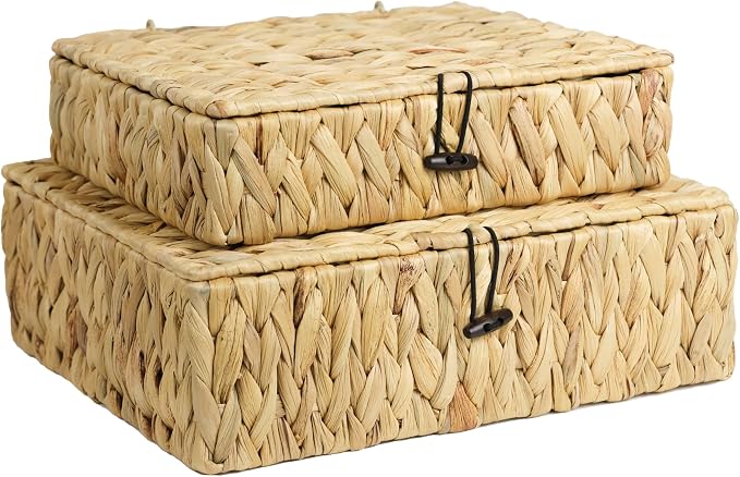 Wicker Basket with Lid, Set of 2 Decorative Storage Baskets Bins Boxes, Water Hyacinth Woven Basket for Storage, Flat Shelf Baskets for Organizing Home Decor
