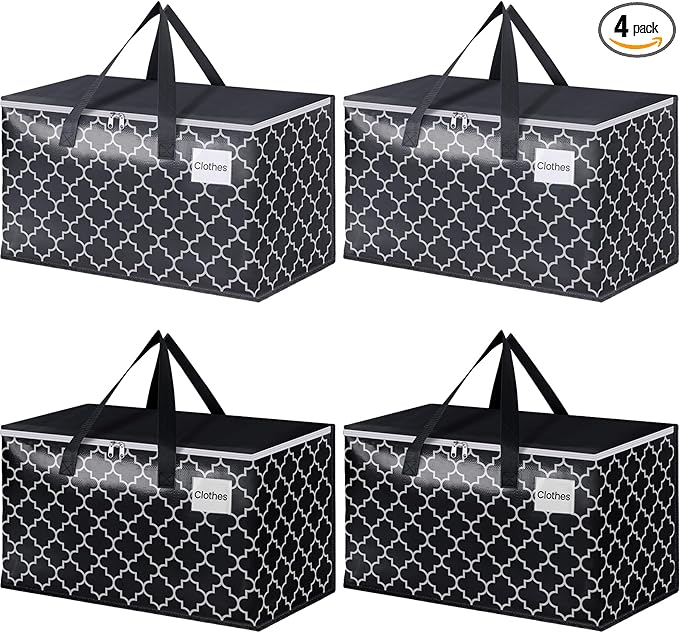 Extra Large Moving Bags, Heavy-Duty Storage Totes with Zipper Top and Sturdy Handles, Moving Supplies for Space Saving and Packing, Collapsible Storage Bags, Black & Gray, 88L, 4-Pack