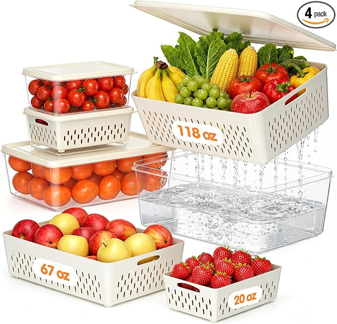 JSCARES Fruit Storage Containers for Fridge with Soft Lid - 4 Pack Food Storage Container with Removable Colander, Airtight Produce Saver Containers Keep Berry, Fruits, Vegetables, Meet Fresh Longer