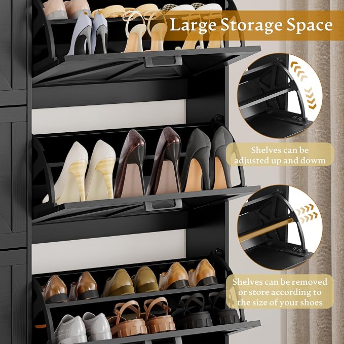 Wodeer Shoe Cabinet Storage for Entryway, Shoe Storage Cabinet with 6 Flip Drawers, Freestanding Narrow Shoe Rack Organizer with Metal Legs, Adjustable Shelves & Open Storage for Foyer, Hallway, Black