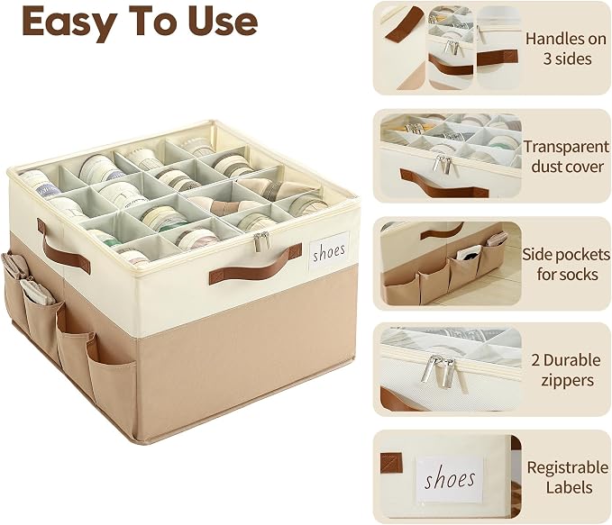 Varhomax Shoe Organizer Box for Closet, Fabric Shoe Storage Bin with Adjustable Dividers & Clear Cover, Holds up 16-32 Pairs of Sneakers & Sandals for Entryway, Cubby