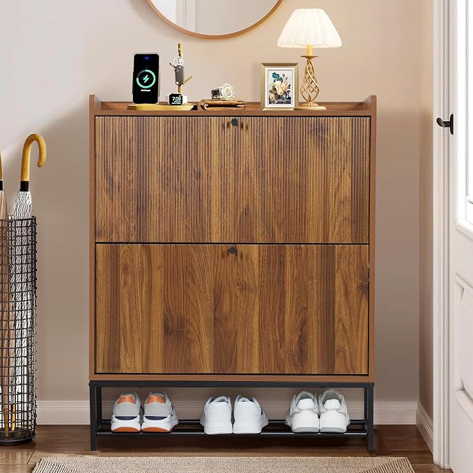 RARZOE Set of 2 Fluted Shoe Cabinets for Entryway with 2 Flip Drawers, Narrow Wood Shoe Cabinet with Fluted Panel, Freestanding Hidden Shoe Rack with Metal Legs for Foyer,Hallway(31.5''Walnut)