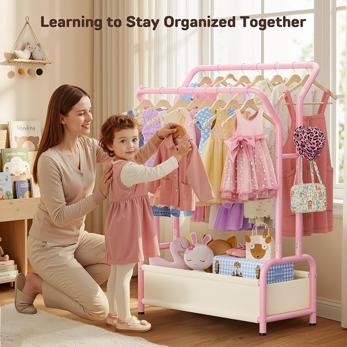 Kids Clothing Rack with Double Hanging Rods and Storage Basket | Child-Height Dress Up Storage for Toddler, Open Kids Closet for Baby Clothes, Costumes, Shoes and Toy, Bedroom Nursery