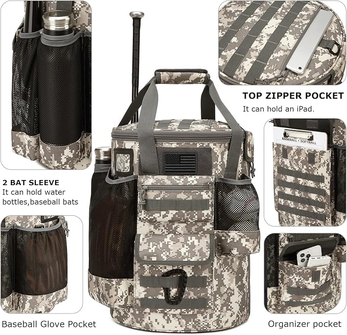 Baseball Bucket Bag Baseball Coaching Accessories Organizer Tactical Style Softball Bucket Bag with Anti-Slip Bottom, Multiple Pockets for Bat, Gloves, Scoreboards