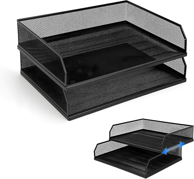 Paper Tray Desk Organizer, 2 Pack Stackable Letter File Tray, Wire Mesh Desktop Organizer, Front-Load Metal A4 Paper Sorter Documents Storage Holder Tray for Office Supplies Home School Classroom