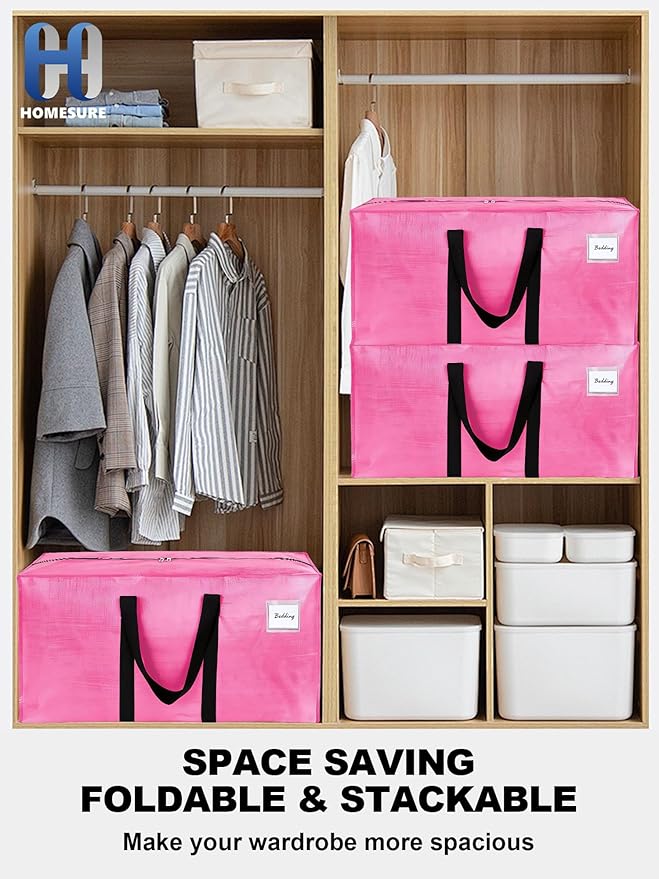 8 Pack Large Strong Moving Bags with Zippers & Carrying Handles - Water-Resistant - Heavy Duty Storage Tote for Space Saving, Fold Flat, Alternative to Moving Box (Pink)