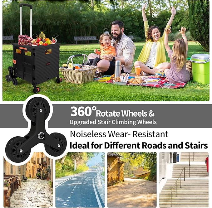 SELORSS Foldable Utility Cart Collapsible Crate Rolling Carts with Stair Climbing Wheels Rolling Tote Basket Teacher Cart with Lid Wear-Resistant 360°Rotate Wheel Noiseless for Moving Office-Black