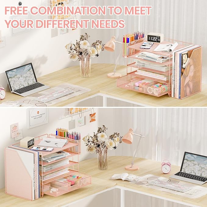 OPNICE Desk Organizer, 5-Tier Paper File Organizer with Drawer & Pen Holder, Office Desk Accessories, Workspace Desktop Organizer for Office Supplies(Rose Gold)
