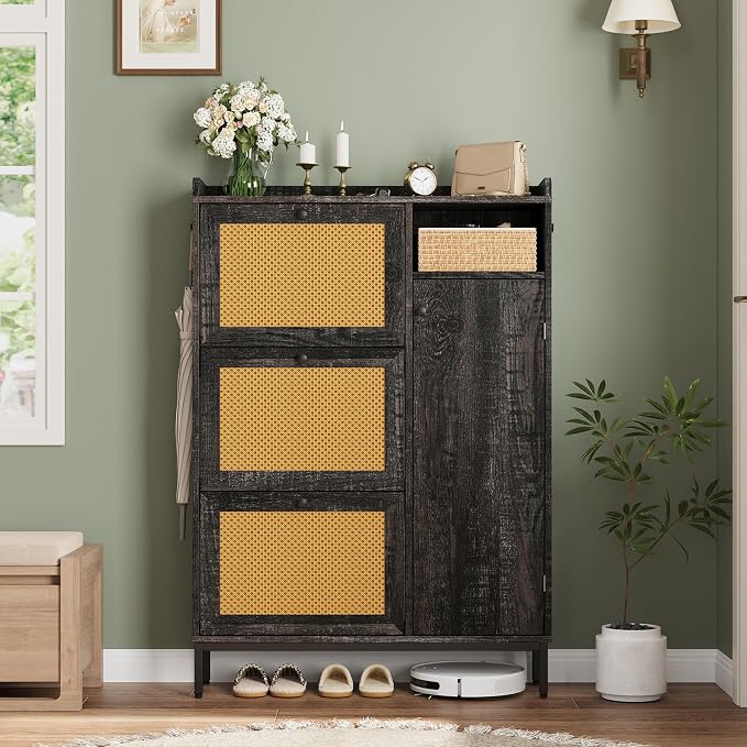 GarveeHome Shoe Cabinet Rattan with 3 Flip Drawers and 4-Tier Shoe Storage Cabinet, Freestanding Shoe Organizer with Adjustable Shelves for Entryway, Closet, Hallway