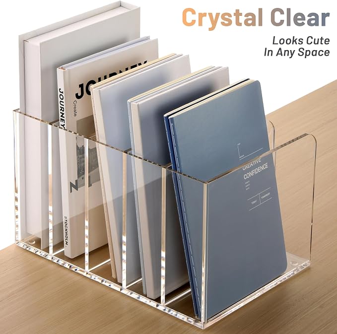 SANRUI Acrylic File Organizer, Clear Magazine File Holder Desk Organizer for Office Organization and Storage with 5 Vertical Compartments, Desktop Bookshelf for Home Office Organization