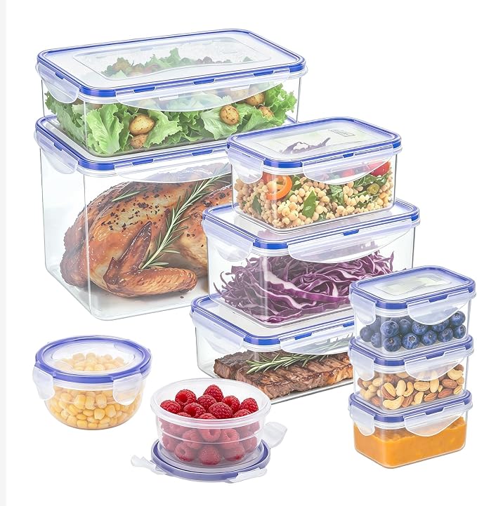 KIGI Food Storage Containers Set, Assorted Size Variety Pack, Airtight Leak Proof Lids, Stackable BPA-Free Multi-Use for Meal Prep, Leftovers, Kitchen & Fridge Freezer Organization, 20 Piece Set