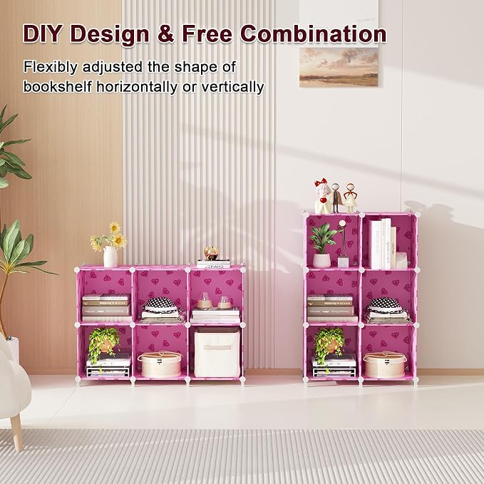 UNKU Cube Storage Organizer, 6 Cube Closet Organizer Storage Shelves, DIY Stackable Bookcase, Clothes Organizer Shelf for Closet, Bedroom, Living Room, Cabinet, Home, Office, Pink