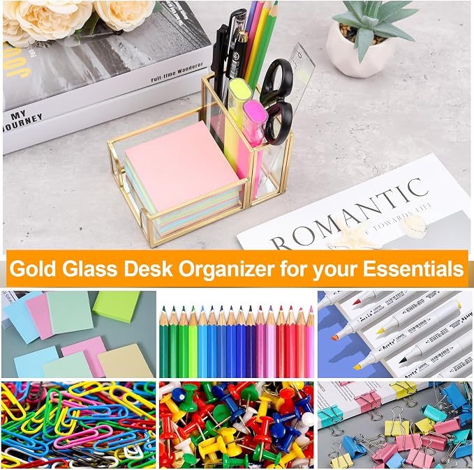 Sticky Note Holder,Glass Post It Note Dispenser with Pen Slot,Gold 3 x 3 Inch Post It Note Holder for Desk,Stylish Sticky Note Dispenser for Home Office Desk